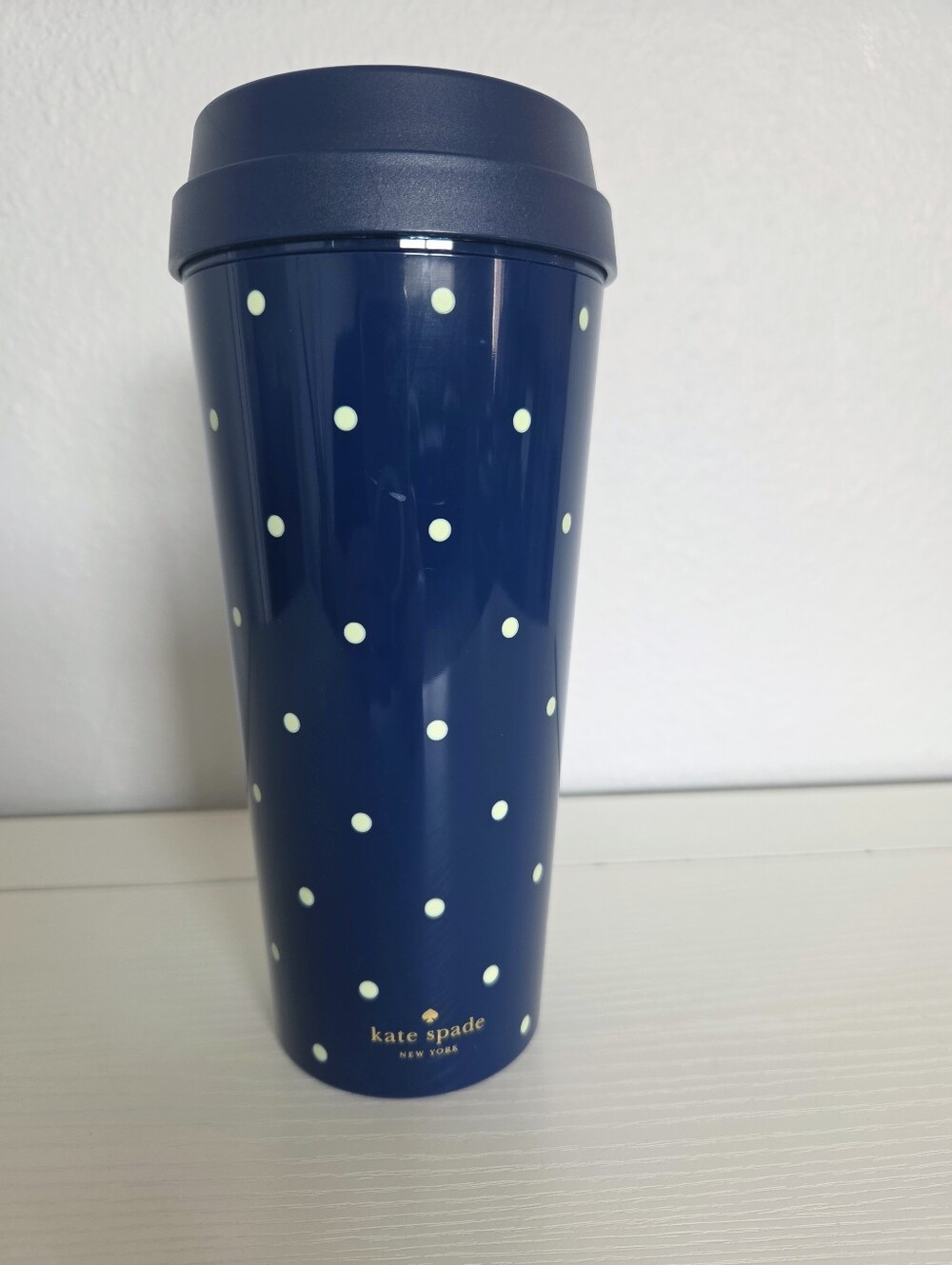 Kate Spade Navy Blue Ivory Dot Travel Mug NWOT